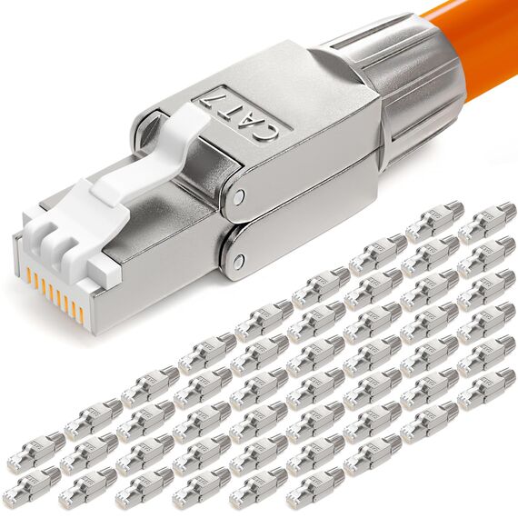 HB-DIGITAL 48x CAT 7 RJ45 Stecker Netzwerkstecker für starre LAN Kabel Verlegekabel Ethernet - werkzeuglos LSA - 10 Gbit/s AWG 22-24 vollgeschirmt STP 50μ vergoldete Kontakte