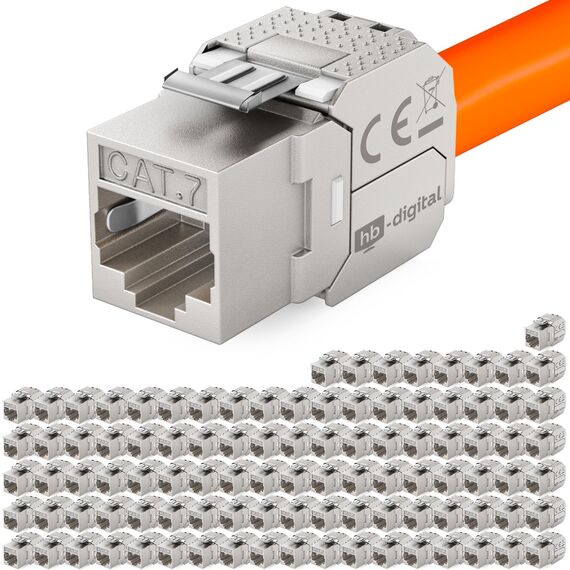 hb-digital 100x CAT 7 Keystone RJ45 Modul Buchse für LAN Kabel 10 Gbit/s bis 600 MHz AWG 22-24 werkzeuglos LSA vollgeschirmt STP Einbaubuchse für Patchpanel und Netzwerkdose
