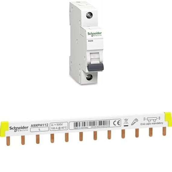 Bundle aus Schneider Electric Leitungsschutzschalter K60N 1P 10A B, A9K01110 + Schneider Electric A9XPH112 Phasenschiene Steg, ablängbar, 1P, 12 TE, 100A