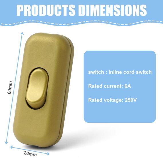 AXFEE Inline Schalter, 2 Stück 250V 6A Zwischenschalter Schnurschalter, Kabelschalter Wippschalter, 2-adrige und 3-adrige Zuleitungen, Schnurzwischenschalter für Lampe Kleingeräte | Gold