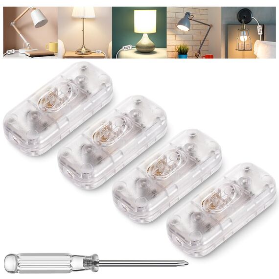 AXFEE Inline Schalter, 4 Stück 250V 6A Zwischenschalter Schnurschalter, Kabelschalter Wippschalter, 2-adrige und 3-adrige Zuleitungen, Schnurzwischenschalter für Lampe Kleingeräte-Transparent