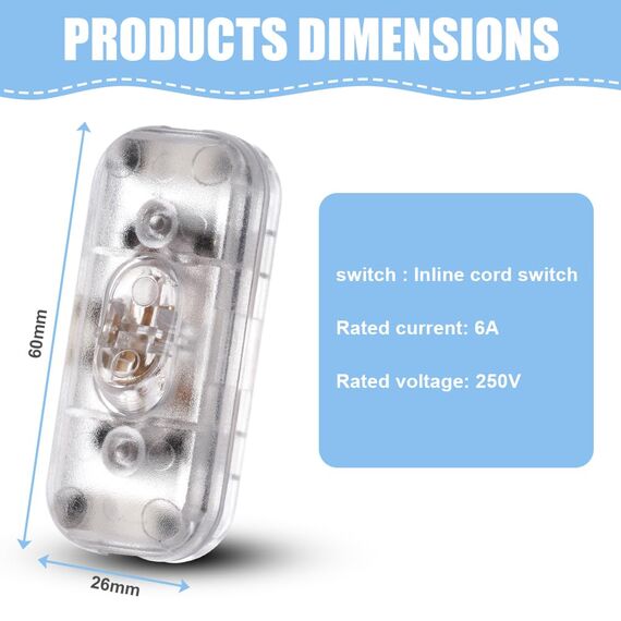 AXFEE Inline Schalter, 4 Stück 250V 6A Zwischenschalter Schnurschalter, Kabelschalter Wippschalter, 2-adrige und 3-adrige Zuleitungen, Schnurzwischenschalter für Lampe Kleingeräte-Transparent