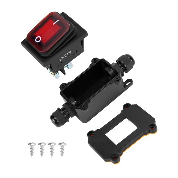 QWORK® IP65 wasserdichter Inline-Kabelschalter mit roter Kontrollleuchte, 12–24 V, 30 A, DPST-Wippschalter, Dual-Positions Ein/Aus Wippschalter