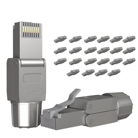 RedStar24 RJ45 Stecker Werkzeuglos CAT 7 – Netzwerkstecker für Verlegekabel AWG 22-24 – CAT7 CAT6a LAN Kabel Netzwerkkabel Ethernet – Geschirmt – LSA feldkonfektionierbar – 10 Gbps – 24 Stück