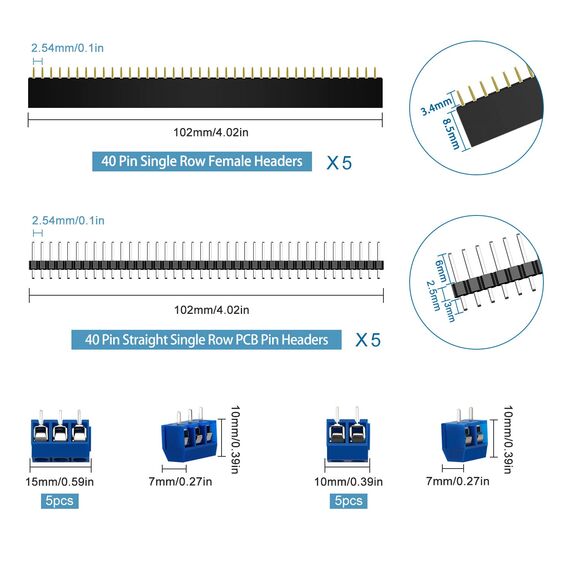 VooGenzek 36 Stück PCB Board Kits, 8 Stück Doppelseitige Leiterplatten Prototypkarten + 10 Stück Male/Female Header Connector + 10 Stück 2/3Pin Schraubklemme + 8 Stück Nylonsäule