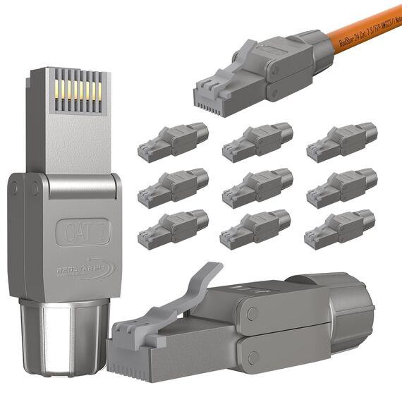 RedStar24 RJ45 Stecker Werkzeuglos CAT 7 – Netzwerkstecker für Verlegekabel AWG 22-24 – CAT7 CAT6a LAN Kabel Netzwerkkabel Ethernet – Geschirmt – LSA feldkonfektionierbar – 10 Gbps – 12 Stück
