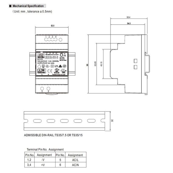 Mean Well DIN-Schienen-Netzteil, 54 W, 12 V, 4,5 A, MeanWell HDR-60-12, Panel-Montage