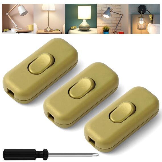 AXFEE Inline Schalter, 3 Stück 250V 6A Zwischenschalter Schnurschalter, Kabelschalter Wippschalter, 2-adrige und 3-adrige Zuleitungen, Schnurzwischenschalter für Lampe Kleingeräte | Gold