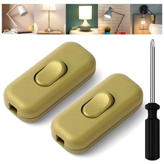 AXFEE Inline Schalter, 2 Stück 250V 6A Zwischenschalter Schnurschalter, Kabelschalter Wippschalter, 2-adrige und 3-adrige Zuleitungen, Schnurzwischenschalter für Lampe Kleingeräte | Gold