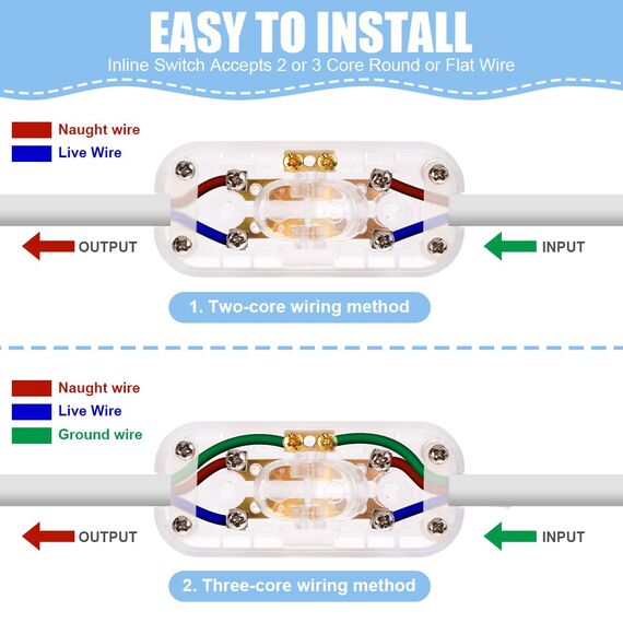 AXFEE Inline Schalter, 4 Stück 250V 6A Zwischenschalter Schnurschalter, Kabelschalter Wippschalter, 2-adrige und 3-adrige Zuleitungen, Schnurzwischenschalter für Lampe Kleingeräte-Transparent