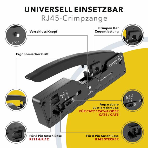 RedStar24 RJ45 Crimpzange Ethernet – LAN Crimpwerkzeug für RJ45-Stecker CAT8/CAT7/CAT6a/CAT6/CAT5e inkl. RJ11/RJ12 – Zange für Netzwerk- & Telefonkabel, Verlegekabel sowie 6/8-polige Stecker