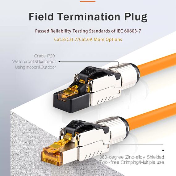 RedStar24 RJ45 Stecker Werkzeuglos CAT 8 – Netzwerkstecker für Verlegekabel AWG 22-24 – CAT8 CAT7 LAN Kabel Netzwerkkabel Ethernet – Geschirmt – LSA feldkonfektionierbar – 40 Gbps – 6 Stück