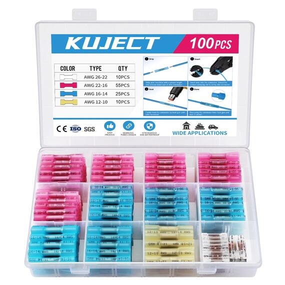 Kuject 100stk Quetschverbinder Set Kabelverbinder Stoßverbinder Wasserdicht Schrumpfverbinder 10-26 AWG Stossverbinder