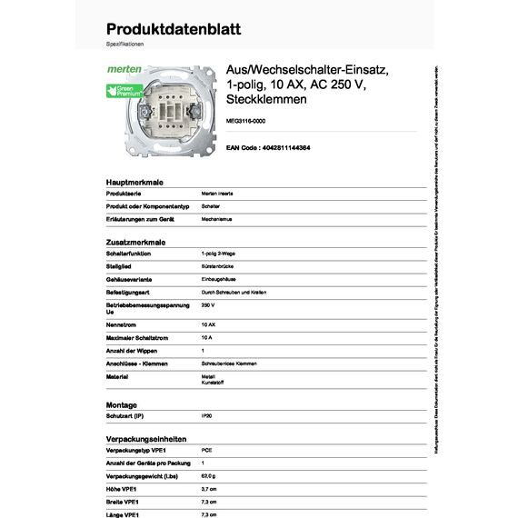 Schneider Electric Merten Aus- und Wechselschalter-Einsatz, Unterputz, 1-polig, Artikelnummer MEG3116-0000, 1 Stück (Packung mit 10)