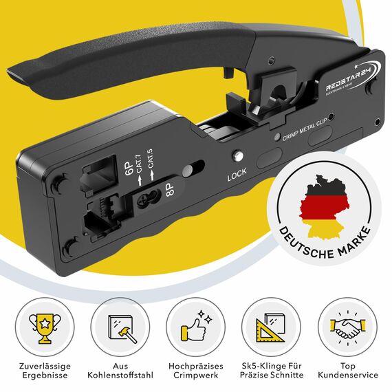 RedStar24 RJ45 Crimpzange Ethernet – LAN Crimpwerkzeug für RJ45-Stecker CAT8/CAT7/CAT6a/CAT6/CAT5e inkl. RJ11/RJ12 – Zange für Netzwerk- & Telefonkabel, Verlegekabel sowie 6/8-polige Stecker