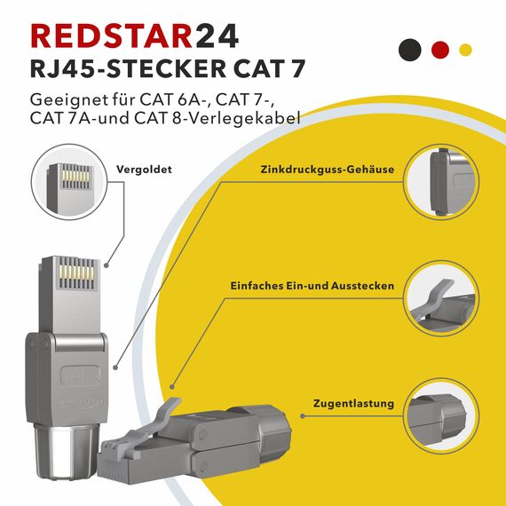 RedStar24 RJ45 Stecker Werkzeuglos CAT 7 – Netzwerkstecker für Verlegekabel AWG 22-24 – CAT7 CAT6a LAN Kabel Netzwerkkabel Ethernet – Geschirmt – LSA feldkonfektionierbar – 10 Gbps – 24 Stück