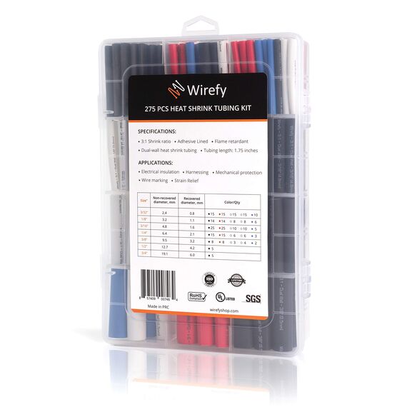 Wirefy Schrumpfschlauch-Set, 3:1 Verhältnis, selbstklebend, Marine-Qualität, Schrumpffolie für Automobil, Industrie, Schwarz, Rot, Weiß, Transparent, Blau, 275 Stück