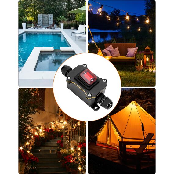 QWORK® IP65 wasserdichter Inline-Kabelschalter mit roter Kontrollleuchte, 12–24 V, 30 A, DPST-Wippschalter, Dual-Positions Ein/Aus Wippschalter