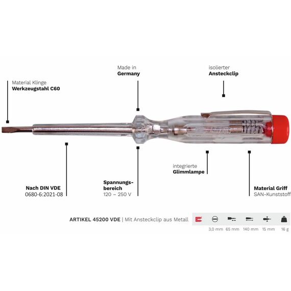 H + H Werkzeug 45200 Standardprüfer 10x 45200 Spannungsprüfer/Phasenprüfer bis 250V GS geprüft nach VDE 0680 Made in Germany, transparent/rot, 140 mm