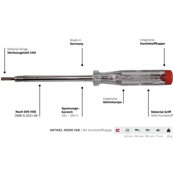 H + H Werkzeug Standardprüfer 45500 5 x 45500 Spannungsprüfer/Phasenprüfer bis 250V GS geprüft nach VDE 0680 Made in Germany, transparent/rot, 190 mm, 45500 VDE