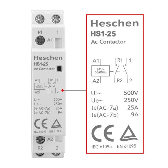 Heschen Haushalts-Wechselstromschütz, HS1-25, Ie 25A, 2-polig 1NO 1NC, AC 24V Spulenspannung, 35mm DIN-Schienenmontage