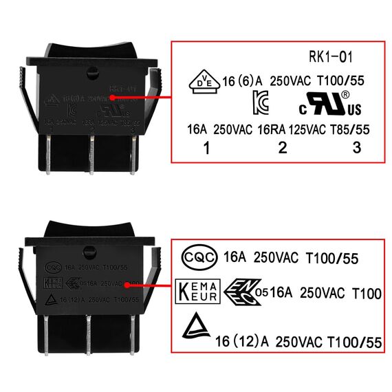 Heschen Kippschalter Ein-Aus-Ein, DPDT, 6 Endpunkte, 16 A 250 VAC, Schwarz, 50 Stück