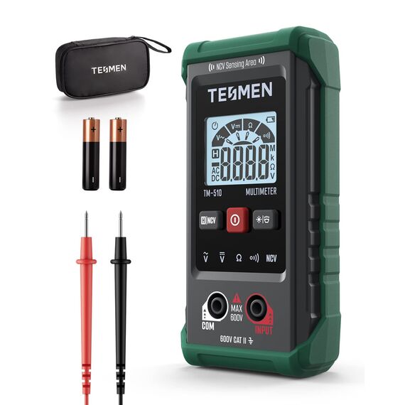 TESMEN TM-510 Digital Multimeter, 4000 Zähler Messgerät, Voltmeter mit Automatischem Messbereich, Intelligente Messung; Spannungsprüfer Misst AC/DC-Spannung, Widerstand, Durchgang – Grün