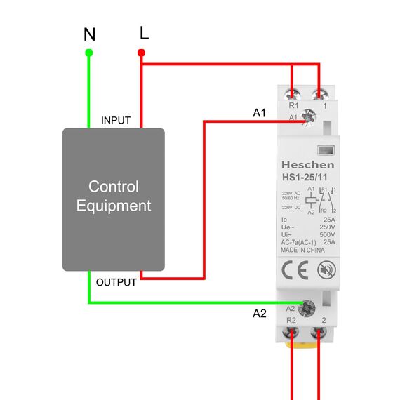 Heschen Modularer Haushalts-Wechselstromschütz, HS1-25/11, 25 A, AC/DC 220V Spule, 2-polig, 1NO 1NC, 35 mm DIN-Schienenmontage, für Schaltkreissteuerung