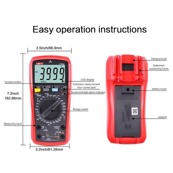 UNI-T UT890C Professionelles Digitalmultimeter Tester Voltmeter Amperemeter Ohmmeter RMS 6000-Konten Polymeter-Kapazitätstest und Temperaturmessung mit beleuchtetem LCD