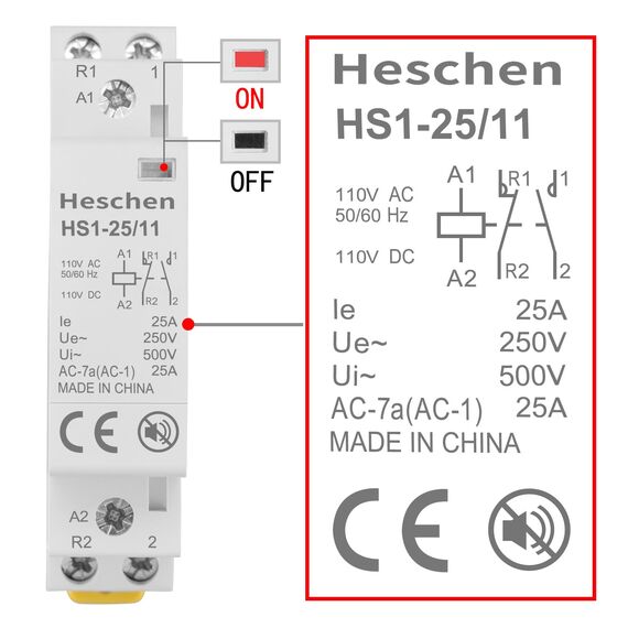 Heschen Modularer Haushalts-Wechselstromschütz, HS1-25/11, 25 A, AC/DC 110V Spule, 2-polig, 1NO 1NC, 35 mm DIN-Schienenmontage, für Schaltkreissteuerung