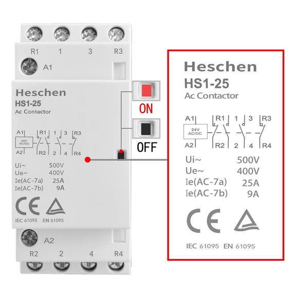 Heschen Haushalts-Wechselstromschütz, HS1-25, Ie 25A, 4-polig, 2NO 2NC, AC/DC 24V Spulenspannung, 35mm DIN-Schienenmontage