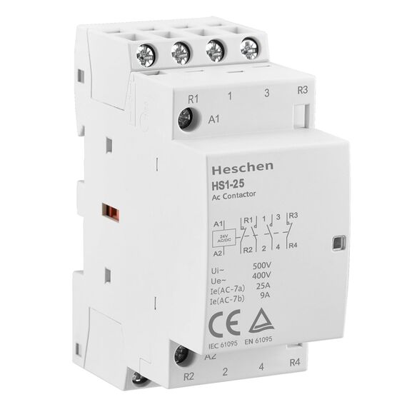 Heschen Haushalts-Wechselstromschütz, HS1-25, Ie 25A, 4-polig, 2NO 2NC, AC/DC 24V Spulenspannung, 35mm DIN-Schienenmontage