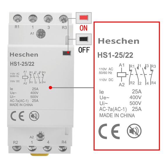 Heschen Modularer Haushalts-Wechselstromschütz, HS1-25/22, 25 A, AC/DC 110V Spule, 4-polig, 2NO 2NC, 35 mm DIN-Schienenmontage, für Schaltkreissteuerung