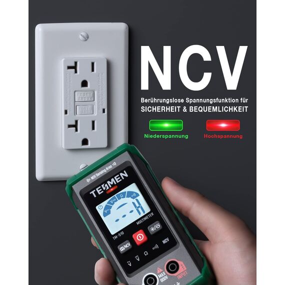 TESMEN TM-510 Digital Multimeter, 4000 Zähler Messgerät, Voltmeter mit Automatischem Messbereich, Intelligente Messung; Spannungsprüfer Misst AC/DC-Spannung, Widerstand, Durchgang – Grün