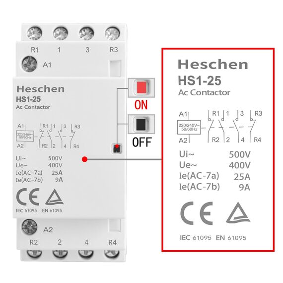 Heschen Haushalts-Wechselstromschütz, HS1-25, 4-polig, 2NO, 2NC, AC 220 V/240 V, Spulenspannung, 35 mm, DIN-Schienenhalterung