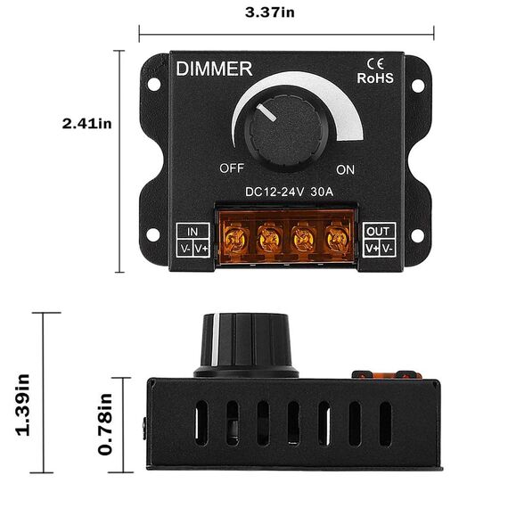 Gebildet 2 Stück PWM Dimmregler DC12 V/24 V 30 A, Knopf zur Einstellung der Helligkeit, Ein-/Ausschalter für einfarbige LED-Lichtstreifen, Dimmer mit Metallgehäuse, 2 Stück