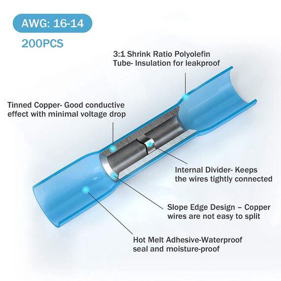 Kuject 200stk Blau Quetschverbinder, Stoßverbinder mit Schrumpfschlauch, Kabelverbinder Set, AWG 16-14 (1,5-2,5 mm²)