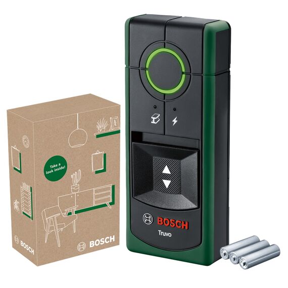 Bosch Ortungsgerät Truvo der 2. Generation (einfache EIN-Knopf-Bedienung, einfaches Orten von stromführenden Kabeln und Metallobjekten, Wandscanner bis 70mm, im E-Commerce Karton)