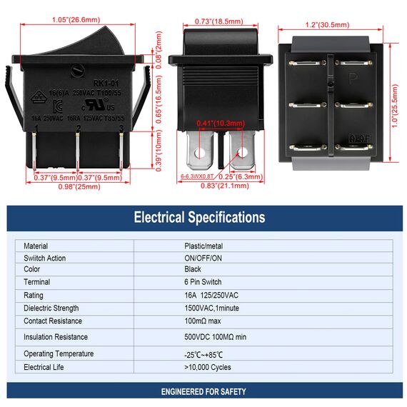Heschen Kippschalter Ein-Aus-Ein, DPDT, 6 Endpunkte, 16 A 250 VAC, Schwarz, 10 Stück