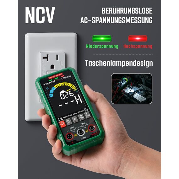 TESMEN TSM-599 Smart Digital Multimeter, TRMS 6000 Counts, Spannungstester, Voltmeter mit NCV, DC/AC Spannung&Strom, Widerstand, Kontinuität, Diode, Kapazität, Hz%, Temperatur, Live Wire - Grün