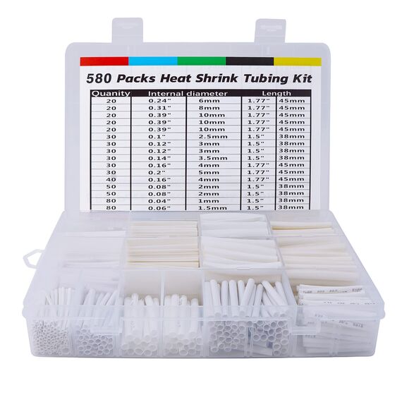 ASHINER Schrumpfschlauch Set - 580 Stück Hochwertiges Eva-Material mit Aufbewahrungskoffer - Perfekt für Elektrische Isolierung, Kabel Reparaturen und Drahtverbindungen, Weiß