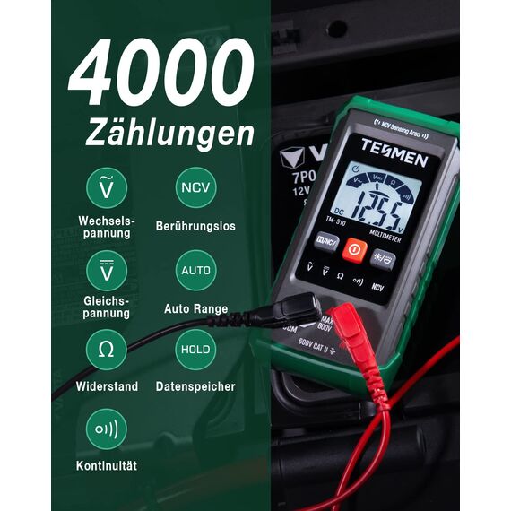 TESMEN TM-510 Digital Multimeter, 4000 Zähler Messgerät, Voltmeter mit Automatischem Messbereich, Intelligente Messung; Spannungsprüfer Misst AC/DC-Spannung, Widerstand, Durchgang – Grün