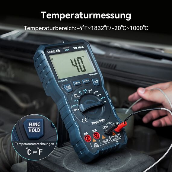 Multimeter mit 6000 Zählungen, True RMS Auto-Ranging Digital,VENLAB Strommessgerät Voltmeter, Misst genau Spannung Strom Widerstand Diode Durchgang, Mit LCD-Anzeige und faltbar Ständer.