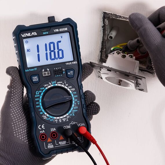 Multimeter mit 6000 Zählungen, True RMS Digital Multimeter mit Manuellem Bereich, VENLAB Strommessgerät Voltmeter, Misst genau Spannung Strom Diode Durchgang, mit LCD-Anzeige und Faltbar Ständer.