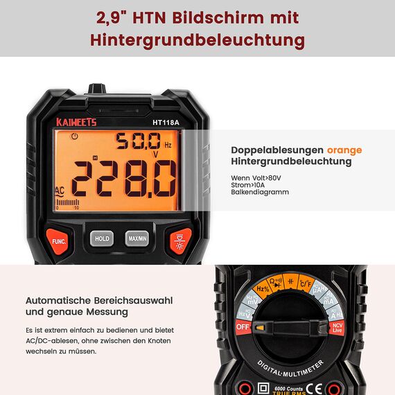 KAIWEETS Digital Multimeter mit LED-Buchsen, Strommessgerät True RMS Auto-Range 6000 Zähler, misst Spannung,Kapazität, Temperatur, Widerstand für Elektriker