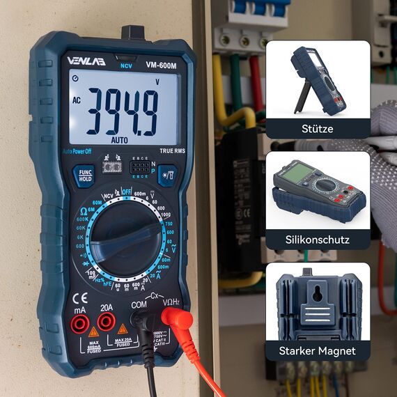 Multimeter mit 6000 Zählungen, True RMS Digital Multimeter mit Manuellem Bereich, VENLAB Strommessgerät Voltmeter, Misst genau Spannung Strom Diode Durchgang, mit LCD-Anzeige und Faltbar Ständer.
