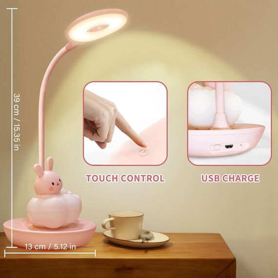 FemKey LED Schreibtischlampe für Kinder, Augenschutz Leselampe, Wiederaufladbare USB Energiespar Nachttischlampe, Dimmbar Touchsensor Tischlampe, Cartoon-Stil Kieselgel Rosa Hase