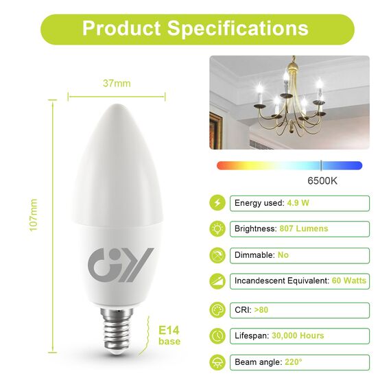 GY E14 LED Kaltweiss Lampe 4.9W 6500K 807 Lumen Kaltweiß Leuchtmittel,C37 Kerze Energiesparlampe 60W lampe ersetzt,Nicht Dimmbar LED Birnen,12 stück [Energieeffizienzklasse C]