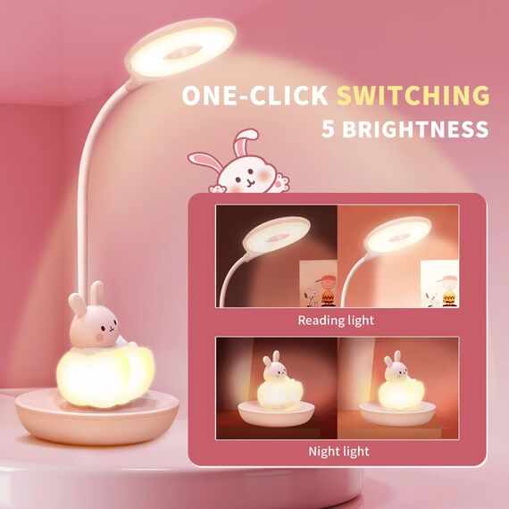 FemKey LED Schreibtischlampe für Kinder, Augenschutz Leselampe, Wiederaufladbare USB Energiespar Nachttischlampe, Dimmbar Touchsensor Tischlampe, Cartoon-Stil Kieselgel Rosa Hase