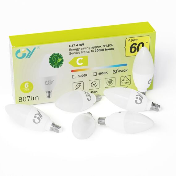 GY E14 LED Kaltweiss Lampe 4.9W 6500K 807 Lumen Kaltweiß Leuchtmittel,C37 Kerze Energiesparlampe 50W lampe ersetzt,Nicht Dimmbar LED Birnen,6 stück [Energieeffizienzklasse C]